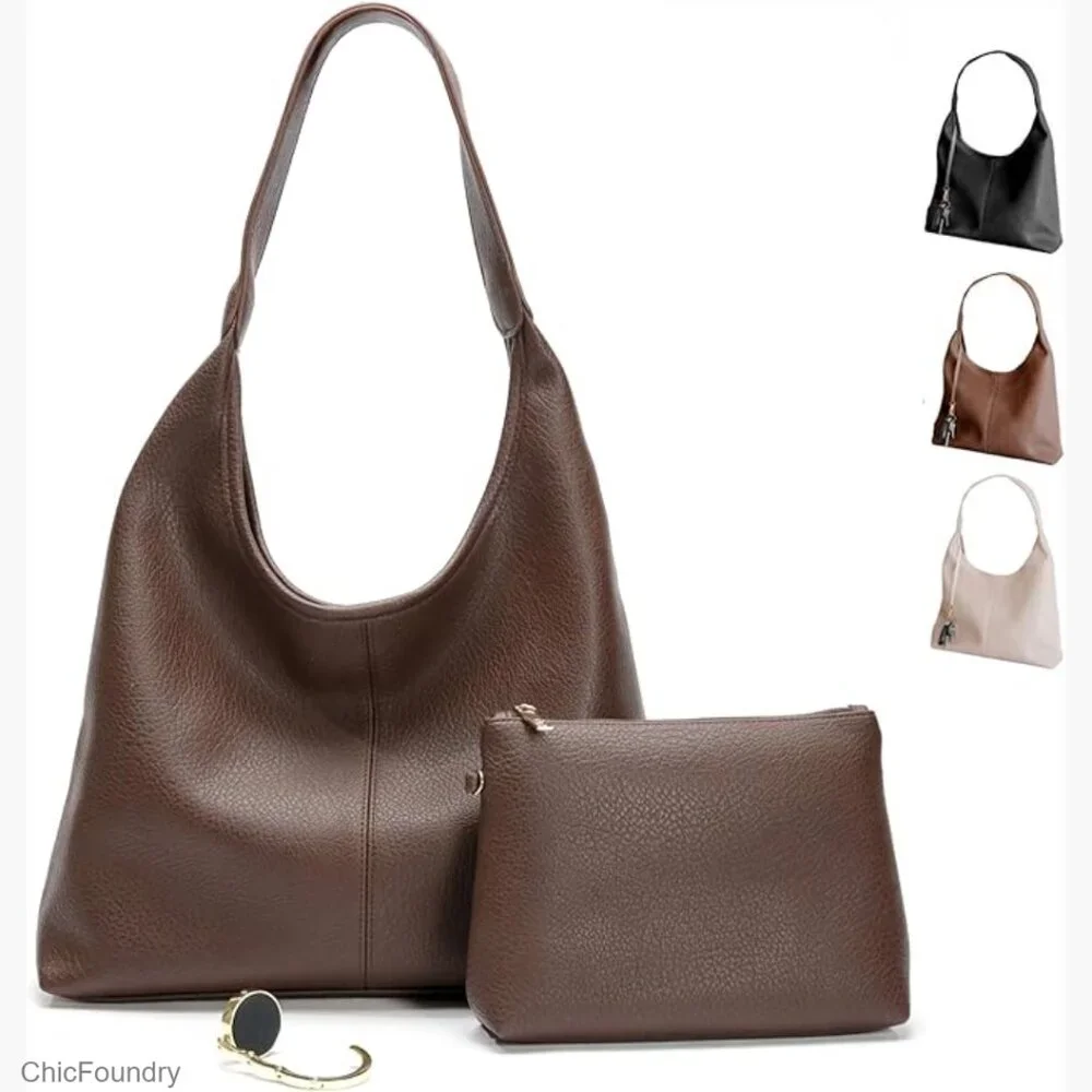 Large Vegan Leather Hobo Bag with Zippered Compartments and Shoulder Strap